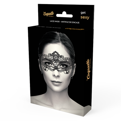 Coquette Chic Desire Máscara de Renda Fina Preta Sensual, detalhe da textura e design elegante.