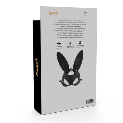 Máscara Coquette Chic Desire de couro vegano com orelhas de coelho para sedução e fantasia.