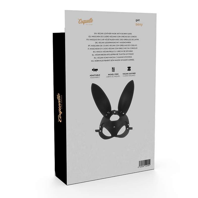 Máscara Coquette Chic Desire de couro vegano com orelhas de coelho para sedução e fantasia.
