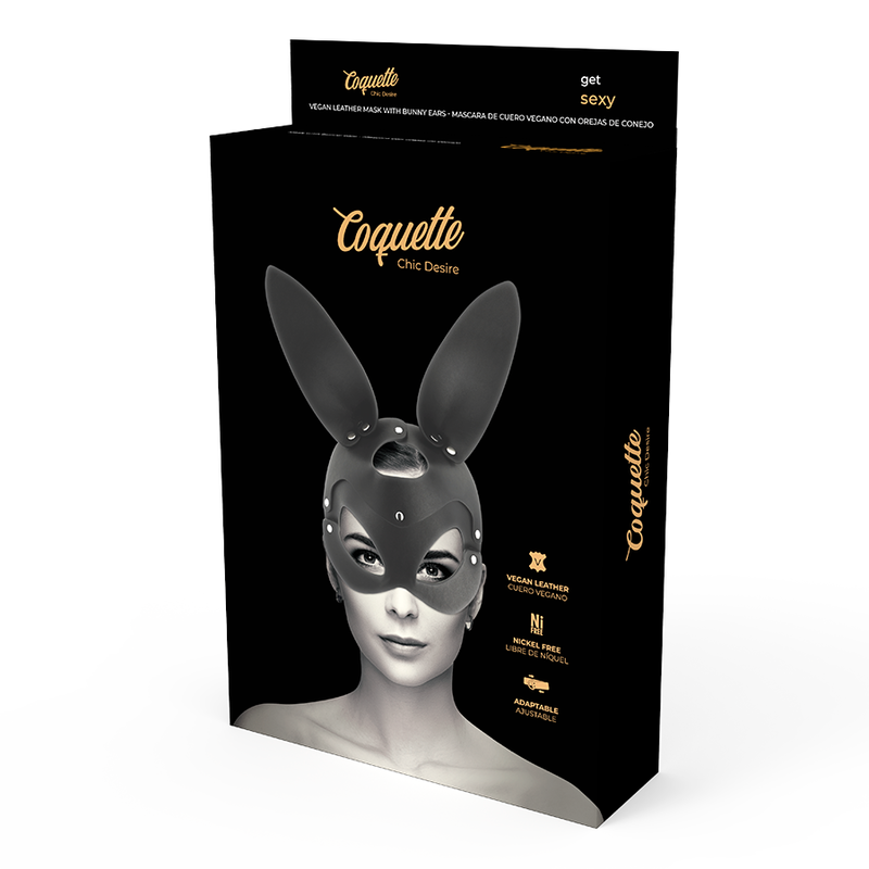 Máscara Coquette Chic Desire de couro vegano com orelhas de coelho para sedução e fantasia.