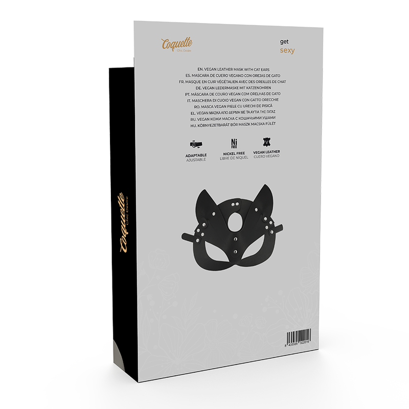 Máscara Coquette Chic Desire de couro vegano preto com orelhas de gato, para um look sensual e misterioso.