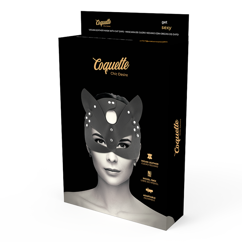 Máscara Coquette Chic Desire de couro vegano preto com orelhas de gato, para um look sensual e misterioso.