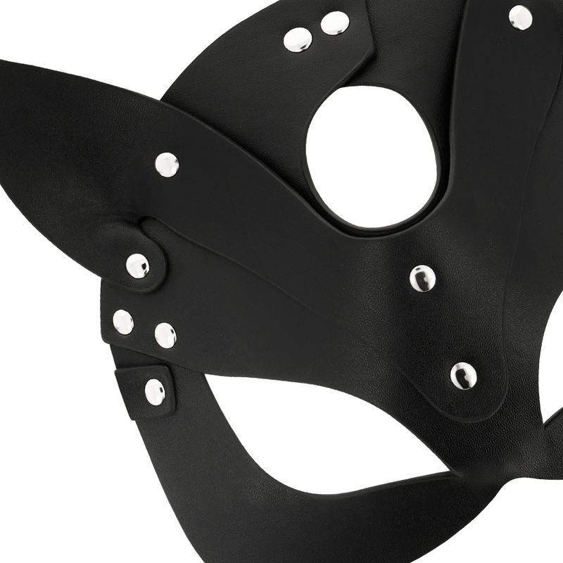 Máscara Coquette Chic Desire de couro vegano preto com orelhas de gato, para um look sensual e misterioso.