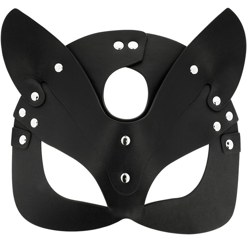 Máscara Coquette Chic Desire de couro vegano preto com orelhas de gato, para um look sensual e misterioso.