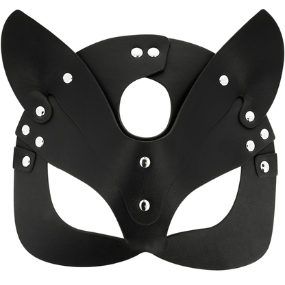 Máscara Coquette Chic Desire de couro vegano preto com orelhas de gato, para um look sensual e misterioso.