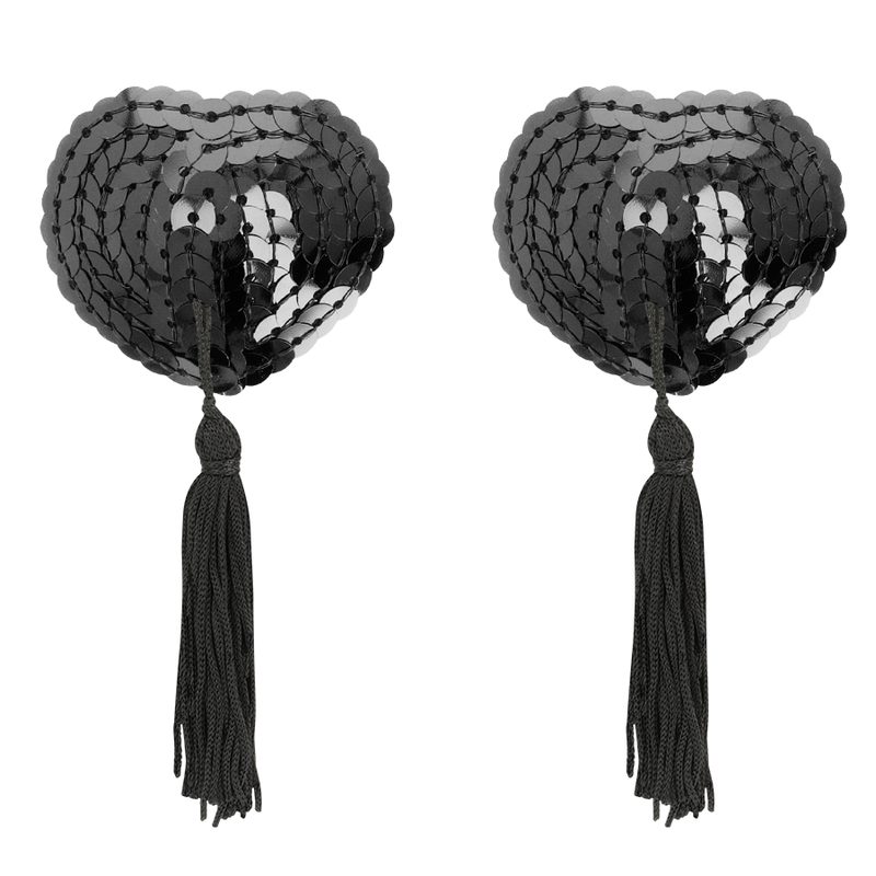 Coberturas para mamilos Coquette Chic Desire de lantejoulas pretas, detalhe do brilho e adesivo.