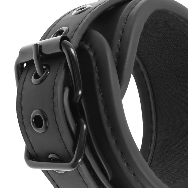 Close-up of the FETISH SUBMISSIVE Vegan Leather Cuffs with Neoprene Lining, ideal for BDSM and bondage, showcasing its texture and features.