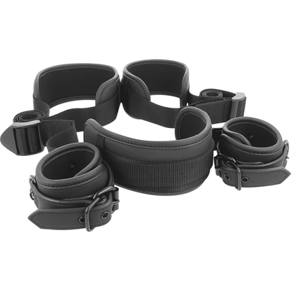 Conjunto Fetish Submissive de restrições de pernas abertas com algemas de neoprene e arnês de pescoço para BDSM.