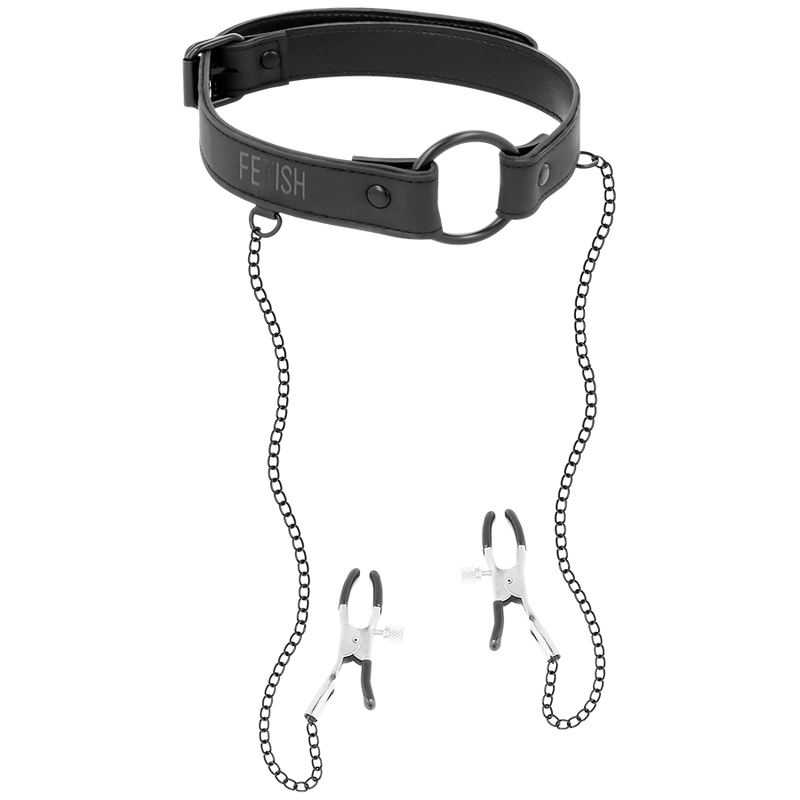 Detalhe do Anel de Gag FETISH SUBMISSIVE com Grampos de Mamilo em couro vegano, mostrando a corrente e os materiais.