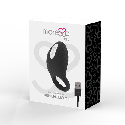 Imagem detalhada do MORESSA Anel Vibrante Recarregável Premium Zac, mostrando seu design ergonómico e material de silicone.