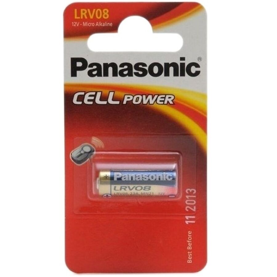 Bateria PANASONIC LRV08 LR23A 12V para dispositivos eletrónicos, mostrando detalhes do produto.