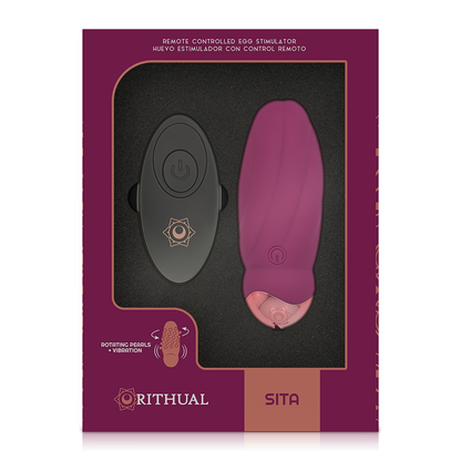 Ovo Vibratório RITHUAL Sita com controle remoto, mostrando o design elegante e as funções de rotação e vibração.