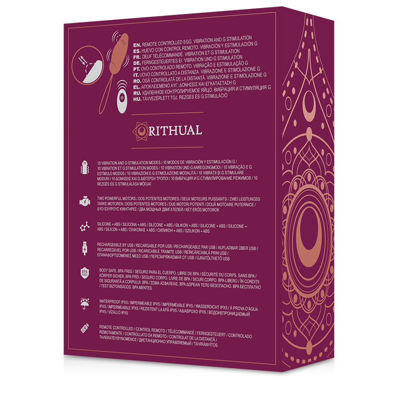 Close-up do RITHUAL Priya Ovo Vibratório com Controle Remoto G-Spot, mostrando design elegante e detalhes dourados.