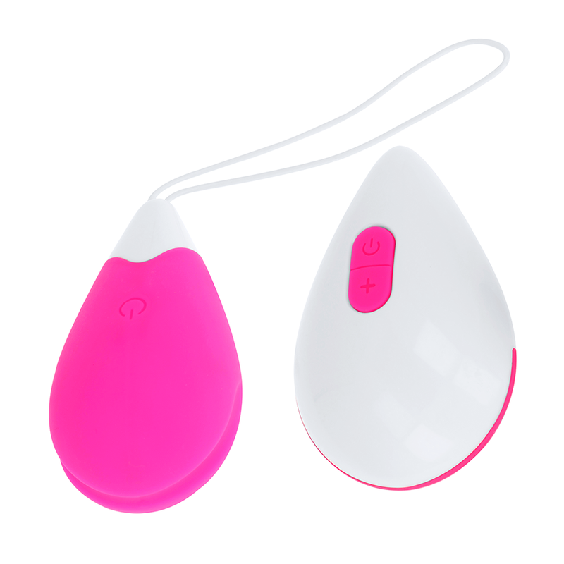 Close-up do Ovo Vibratório OHMAMA com Controle Remoto, mostrando seu design compacto e cores rosa e branco.