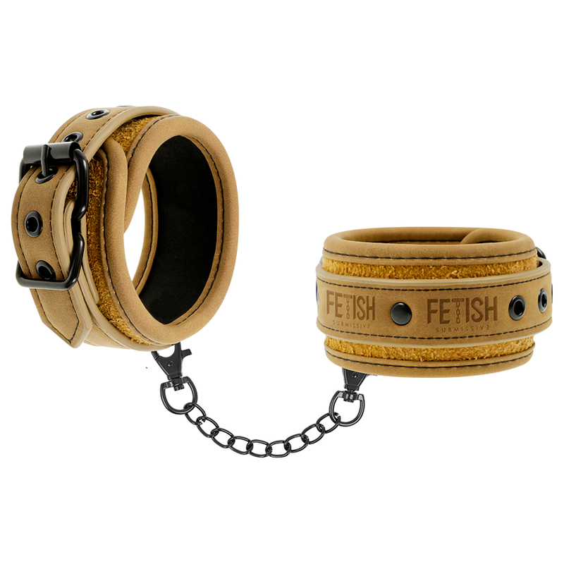 Close-up of the FETISH SUBMISSIVE ORIGIN Vegan Leather Cuffs with Neoprene Lining.