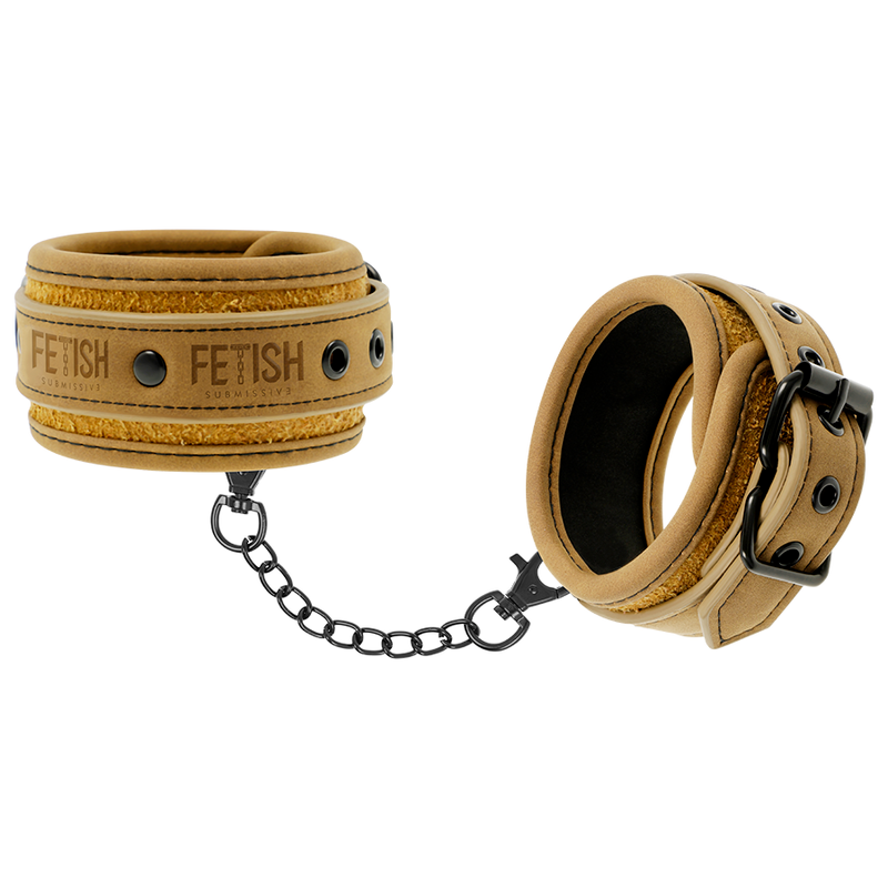 Close-up das algemas de tornozelo FETISH SUBMISSIVE em couro vegano com forro de neoprene.