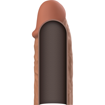 Close-up da VIRILXL Extensão de Pénis V3 de Silicone Líquido Marrom, mostrando sua textura e características para aumento de espessura.