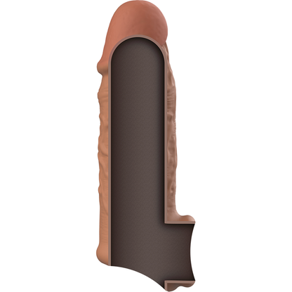 Close-up da Extensão de Pénis VIRILXL V7 em silicone líquido marrom, mostrando textura e design flexível para aumento de espessura.