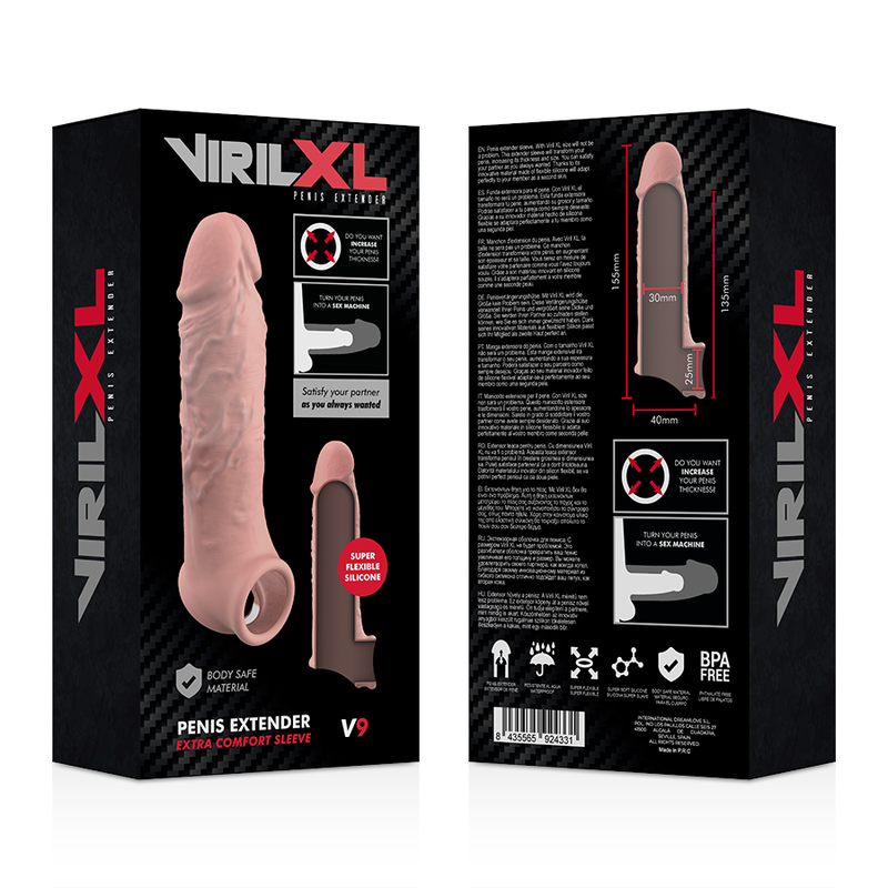Close-up of the VIRILXL Extensão de Pénis Natural de Silicone Líquido V9 showing its design and texture.