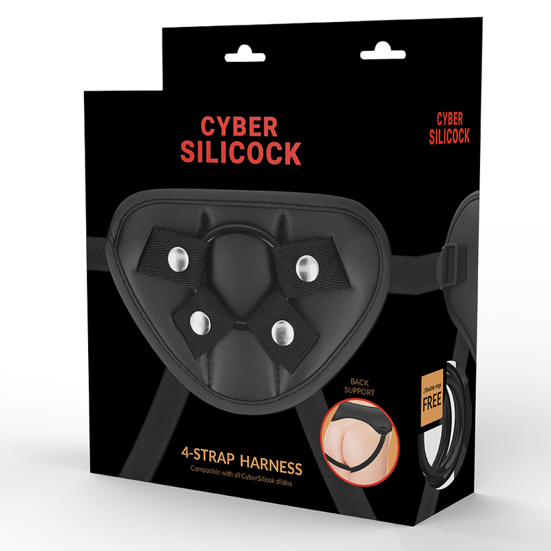 Close-up do Arnês de Cinta Universal CYBER SILICOCK com 3 Anéis para Dildos, mostrando o material de vinil e os anéis de silicone.