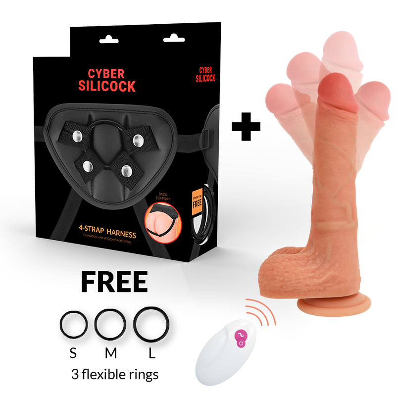 Detalhe do CYBER SILICOCK Strap-On Mr Rick com controle remoto e arnês, mostrando material de silicone e design realista.