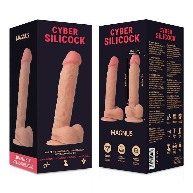 Close-up of the 'CYBER SILICOCK Strap-on Dildo Magnus Silicone com Arnês e 3 Anéis 20.5 CM' showing its texture, realistic details, and included accessories.