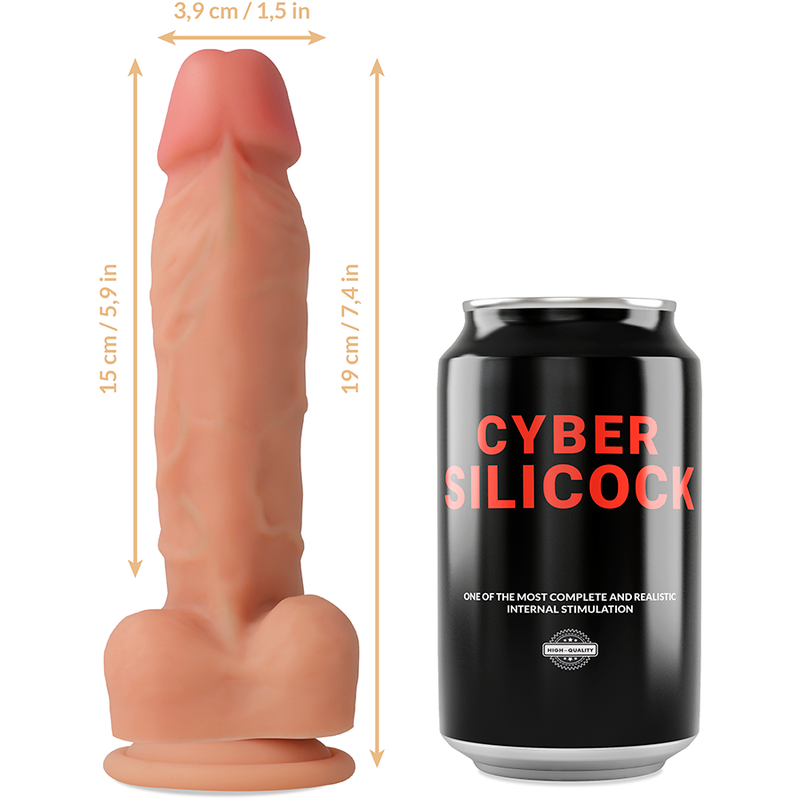 Dildo strap-on CYBERSILICOCK Oliver de silicone líquido com arnês e 3 anéis, mostrando sua textura realista e características.