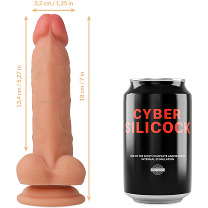 Close-up do CYBER SILICOCK Conjunto Dildo Strap-On, mostrando o dildo de silicone líquido realista e o arnês confortável com os anéis.
