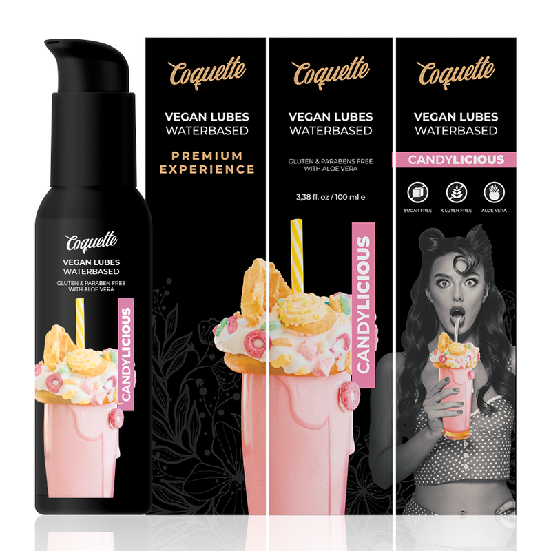 COQUETTE CHIC DESIRE Lubrificante Vegano Candylicious Premium 100ml, frasco com design elegante.
