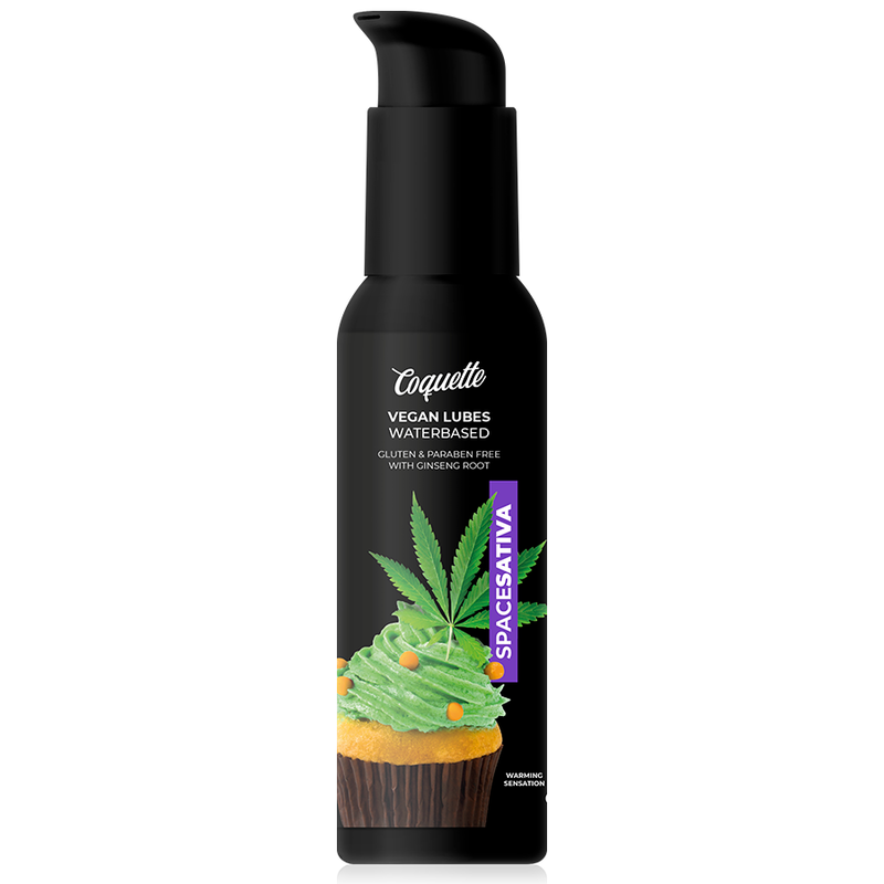 Embalagem do COQUETTE CHIC DESIRE Lubrificante Vegan Space Sativa 100ml Aquecedor, destacando seu design e informações.