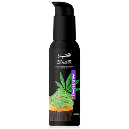 Embalagem do COQUETTE CHIC DESIRE Lubrificante Vegan Space Sativa 100ml Aquecedor, destacando seu design e informações.
