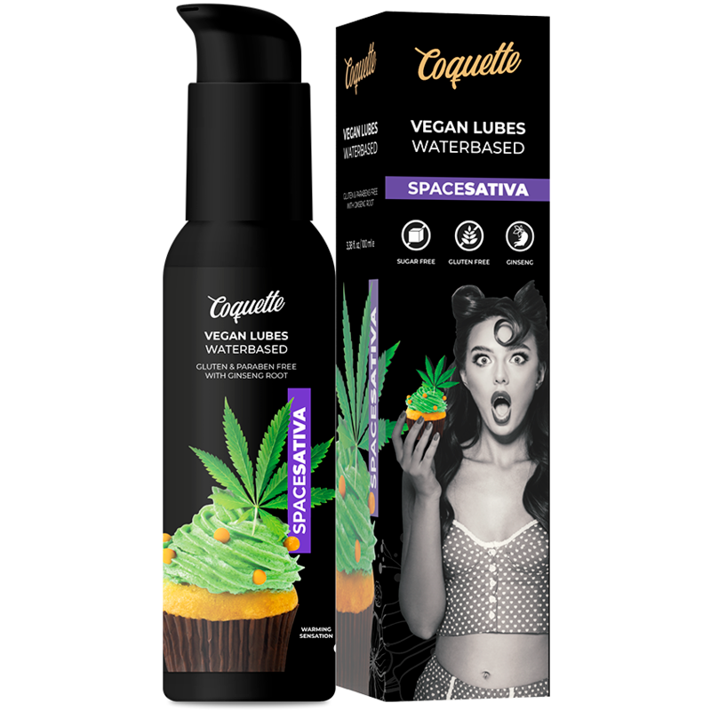 Embalagem do COQUETTE CHIC DESIRE Lubrificante Vegan Space Sativa 100ml Aquecedor, destacando seu design e informações.