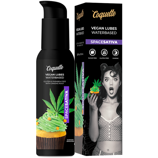 Embalagem do COQUETTE CHIC DESIRE Lubrificante Vegan Space Sativa 100ml Aquecedor, destacando seu design e informações.