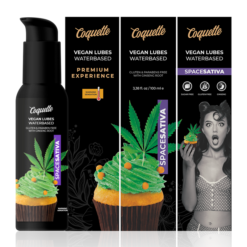 Embalagem do COQUETTE CHIC DESIRE Lubrificante Vegan Space Sativa 100ml Aquecedor, destacando seu design e informações.