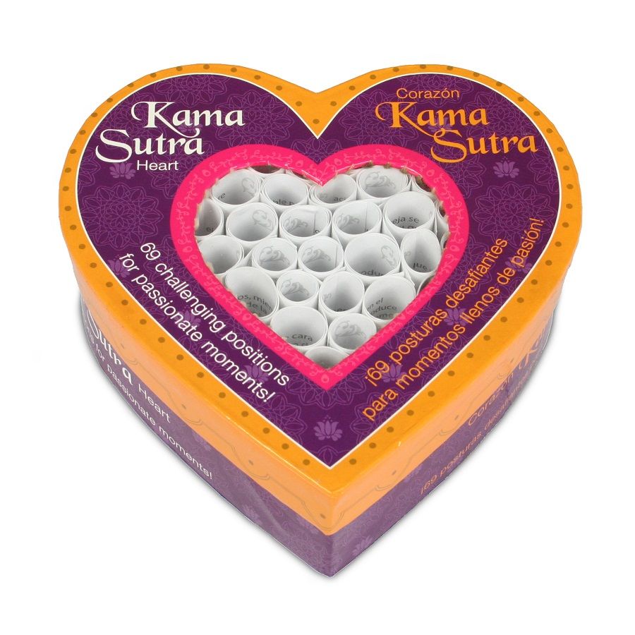 Imagem do jogo erótico TEASE & PLEASE Kama Sutra Coração, mostrando a caixa em forma de coração e os pergaminhos de posições.