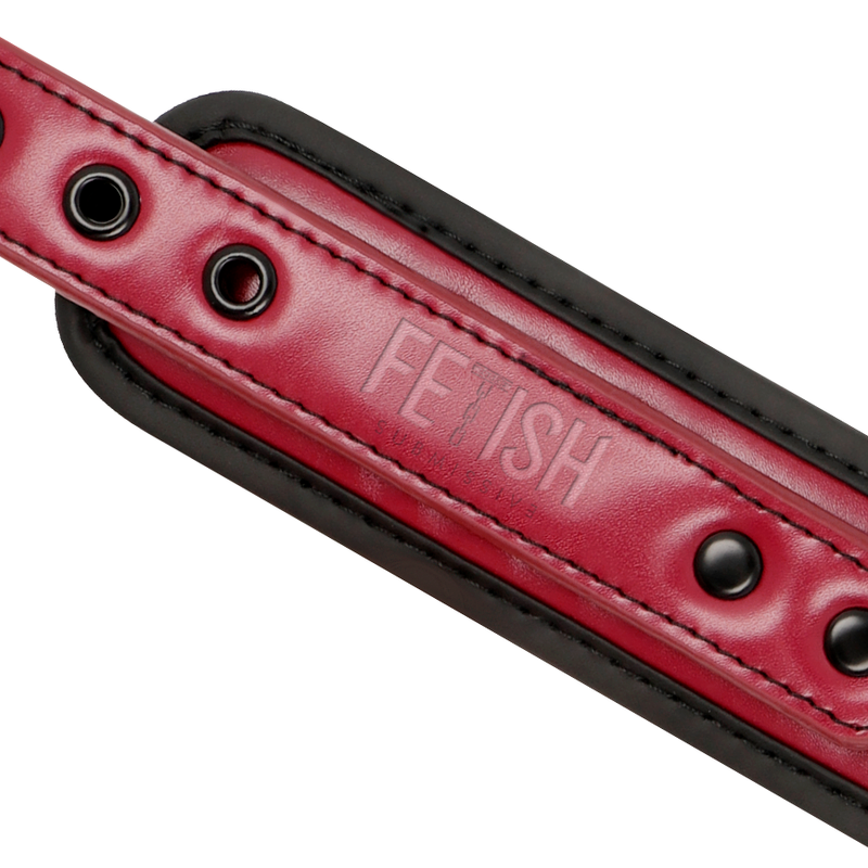 Close-up da Coleira de Corrente Fetish Submissive com forro de neoprene e detalhes em metal.