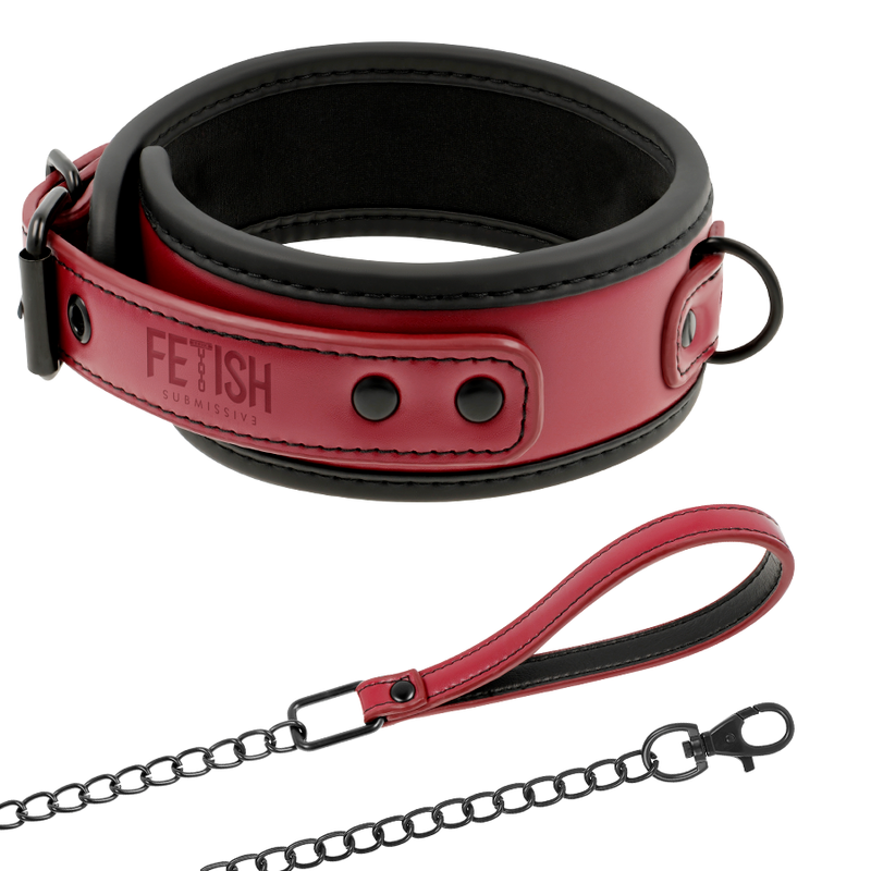 Close-up da Coleira de Corrente Fetish Submissive com forro de neoprene e detalhes em metal.