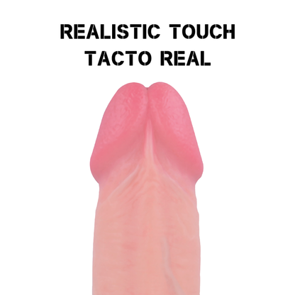 Close-up do ROCKARMY Arnês com Dildo Vibrador Realista Avenger 19cm, mostrando o dildo de silicone líquido e o arnês de couro PU.