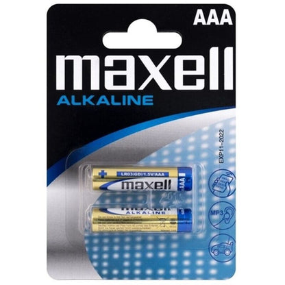 Close-up das Pilhas Alcalinas MAXELL AAA LR03 em blister com 2 unidades para dispositivos eletrónicos e brinquedos sexuais.