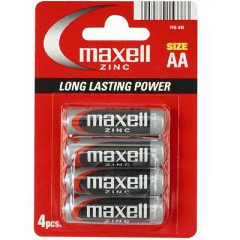 Embalagem com 4 pilhas MAXELL Salina Manganeso AA R6 para diversos dispositivos.