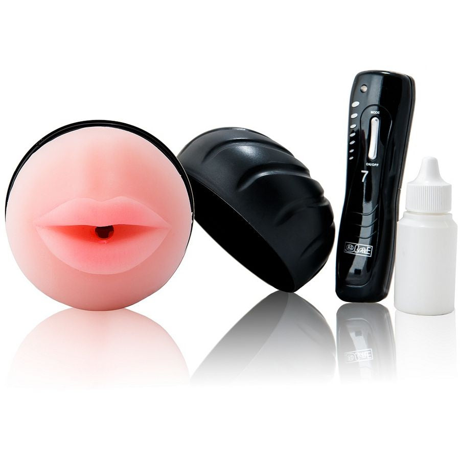 Close-up do Masturbador Boca BAILE com Vibrador, mostrando a textura Pure Skin e detalhes realistas.