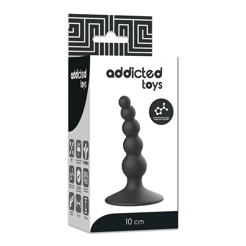 Close-up do Plug Anal ADDICTED TOYS de silicone preto 10 cm, mostrando a textura lisa e a base de segurança.